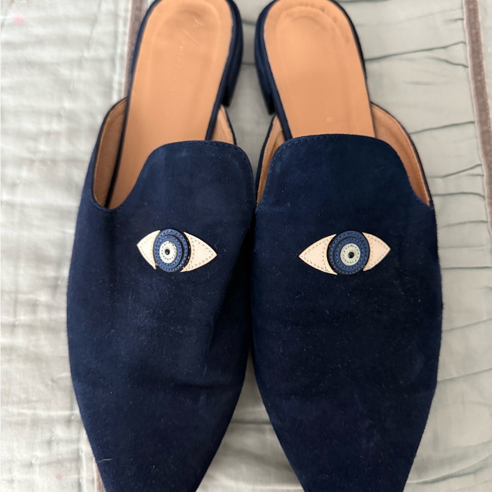 Anthropologie Navy Blue Flats with Eye Design